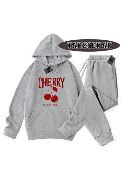 Tarzsokak Set dublu gri cu glugă și detalii cireșe