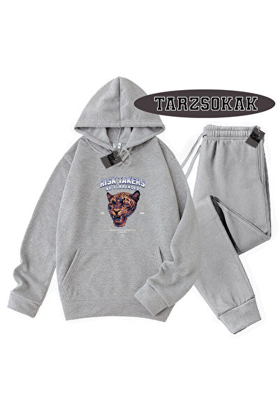 Tarzsokak طقم مكون من قطعتين بتفاصيل رايزن وقلنسوة رمادية