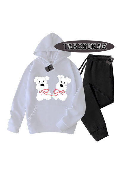 Tarzsokak Λευκό σετ με κουκούλα και σχέδιο σκύλου, λεπτομερές διπλό σετ