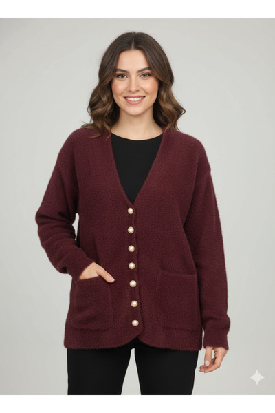 CELT كارديجان نسائي قصير بأزرار من فرو الأرانب - لون أحمر داكن