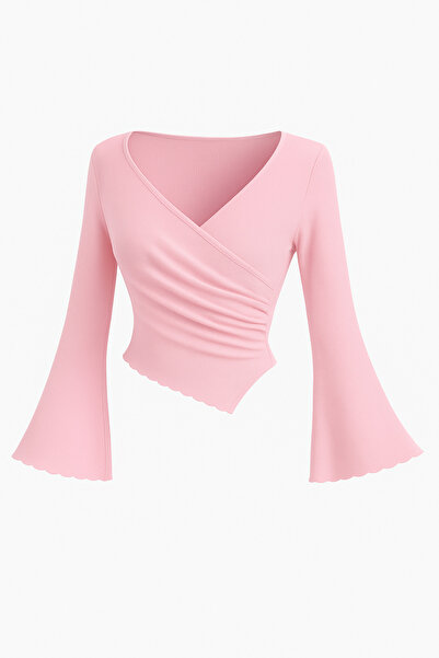 meren like your style Ροζ μπλούζα με λαιμόκοψη σε σχήμα V με ισπανικό μανίκι και ασύμμετρο κόψιμο, κομψό τοπ