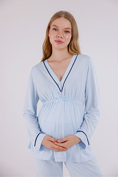 Yulem Homewear Set de pijamale de maternitate din bumbac cu mâneci lungi albastru cu vipușcă