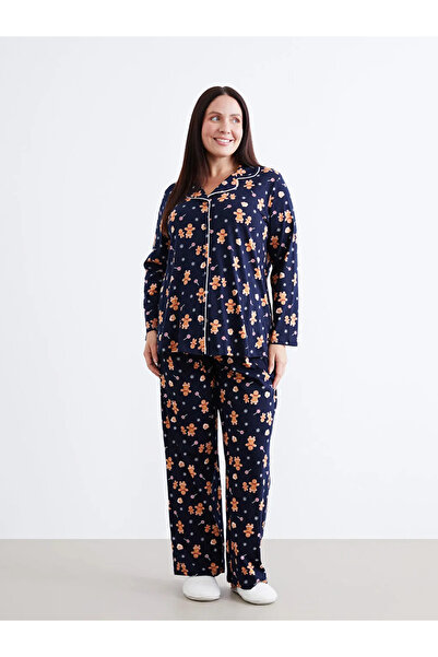 LC Waikiki LCW DREAM Lacivert Gömlek Yaka Baskılı Hamile Pijama Takımı