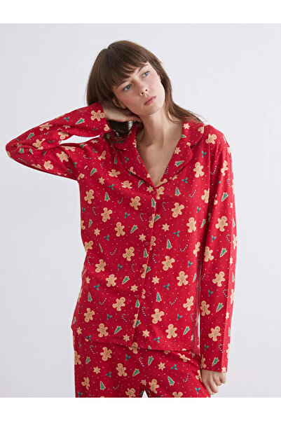 LC Waikiki LCW DREAM Ekru Gömlek Yaka Yılbaşı Temalı Kadın Pijama Takımı