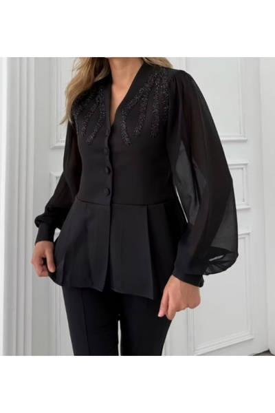 ZY BUTİK Siyah Taş Detaylı Şık Ceket Bluz