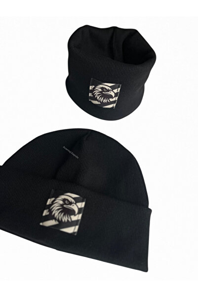 Mustran Children's Fan Patterned 95% Cotton Ribbed Beanie Neck Collar Set of 2 – Handcrafted Unisex (3–8 Years)