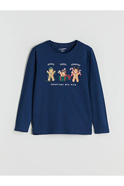 LC Waikiki Lcw Kids Navy Blue Crew Neck Christmas Themed Boys' Pajamas Set