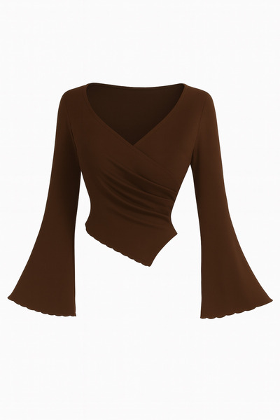 meren like your style Καφέ ντραπέ μπλούζα με λαιμόκοψη σε σχήμα V με ισπανικό μανίκι ασύμμετρης κοπής κομψό τοπ