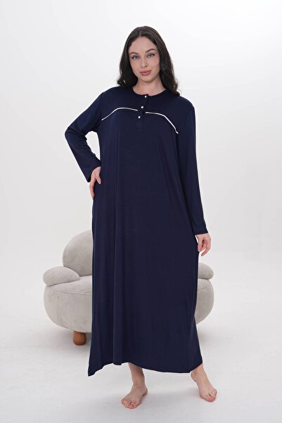 BLACKMORE Women's Navy Blue Piped Cotton Long Sleeve Plus Size (Oversized) Nightgown