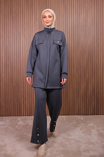 Balenbi Γυναικείο υφασμάτινο παντελόνι κατάδυσης με λεπτομέρεια με κουμπιά Τζιν Σετ 1122