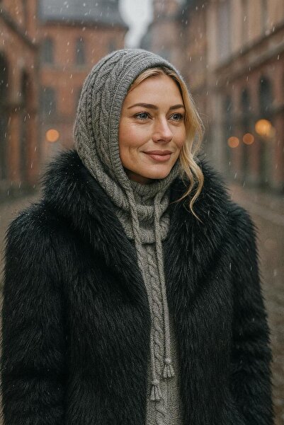 FELLMENS Gray Halter Neck Knitted Patterned Knitwear Women's Beanie