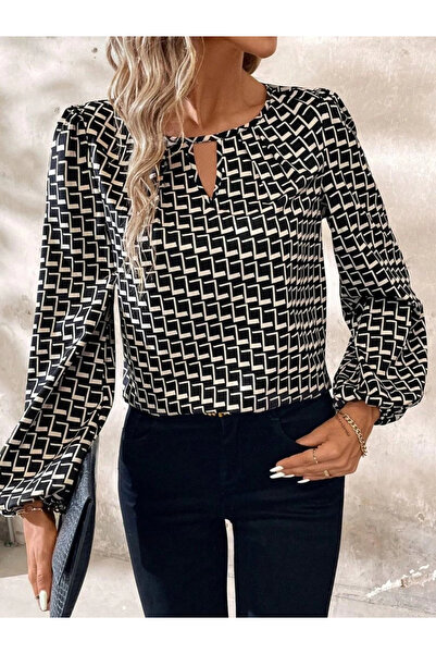 ARONA Mdb Women's Long Sleeve Drop Detail Collar Patterned Single Jersey Blouse