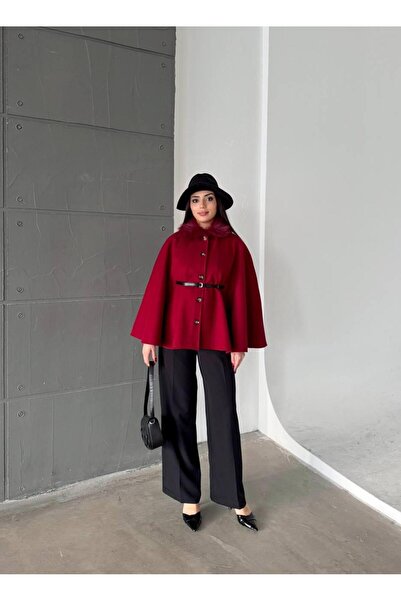 mafdress Women's Fur Collar Red Belted Poncho