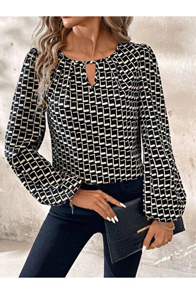 ARONA Mdb Women's Long Sleeve Drop Detail Collar Patterned Single Jersey Blouse