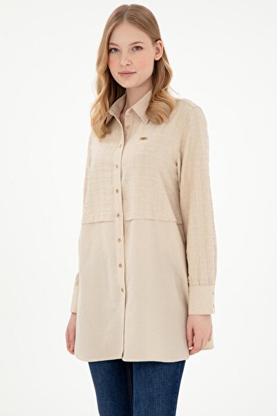 U.S. Polo Assn. Kadın Kum Uzun Kollu Comfort Keten Karışımlı Tunik Gömlek TEKSPOR194325.0