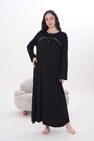 BLACKMORE Women's Black Piped Cotton Long Sleeve Plus Size (Oversize) Nightgown