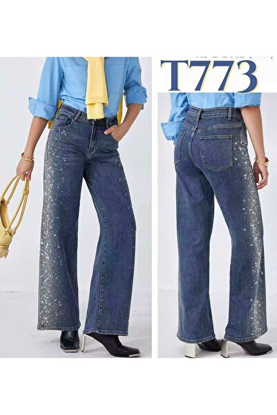 DENRA Blugi wide leg cu sclipici pe lateral