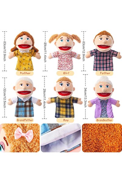007 Family Velvet Hand Puppet Set, 6 Pieces (Grandparents, Mom, Dad, Brother, Sister) - 12 in