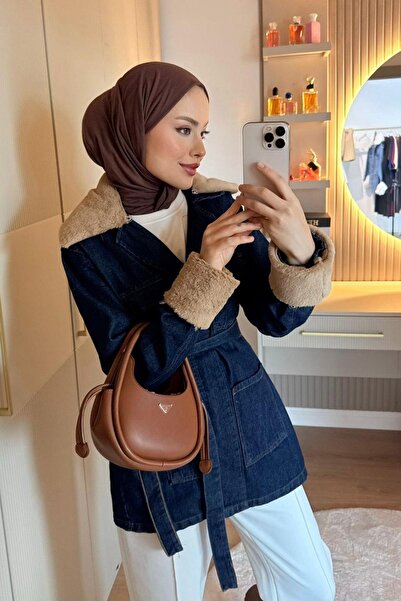 Hazamoda Jachetă din denim cu blană Albastru închis