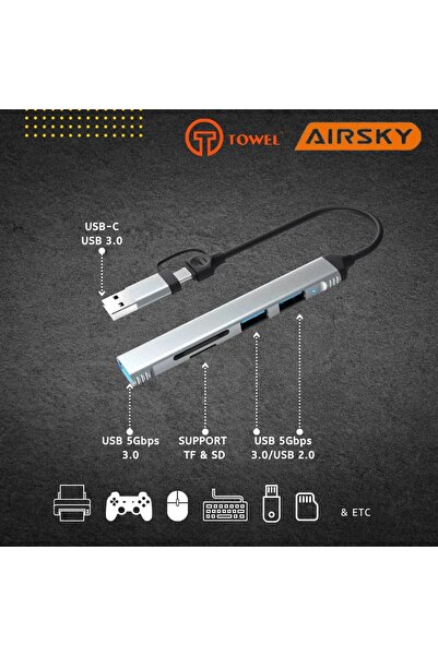 Technow محول 5 في 1 من النوع C مع منافذ USB 3.0/USB 2.0/SD/TF