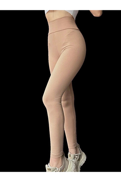 Combin بنطال ضيق عالي الخصر قماش مجدّل مبطن بالصوف - بيج