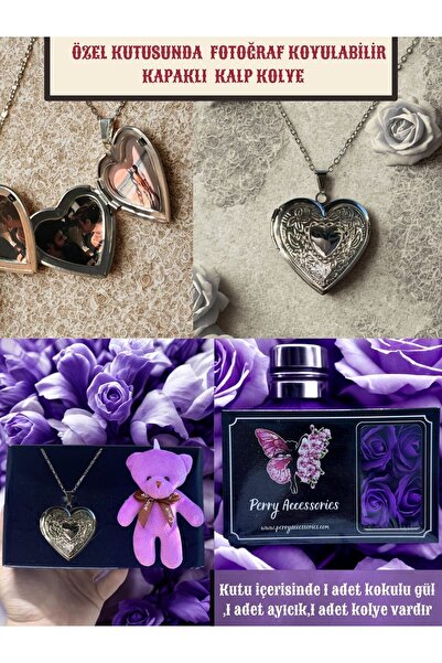 Perry Accesories özel kutusunda kapaklı çelik kalp kolye ve ayıcık anahtarlık...