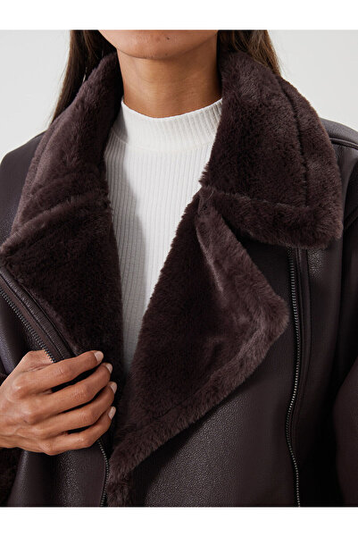 LC Waikiki Lcwaikiki Classic Brown Fur Collar Women Leather-Look Coat W5Af59Z8