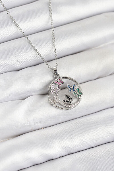 Skygo قلادة نسائية من الفولاذ 316L مع حجر الزركون الفضي على شكل فراشة - TJ-BK...