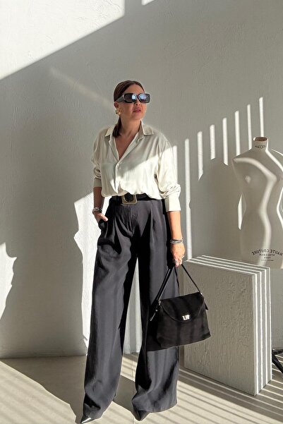 ELVAN TOLON Black Gold Buckle Belted Trousers