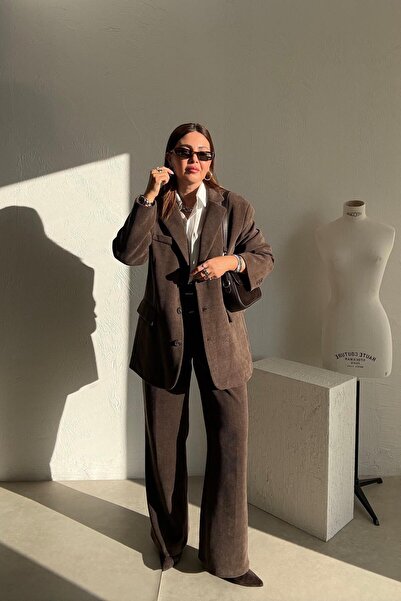 ELVAN TOLON Brown Corded Fabric Velvet Jacket Pants Set