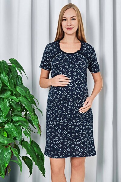 embody Maternity nightdress, opening for breastfeeding, cotton, hearts print, navy blue