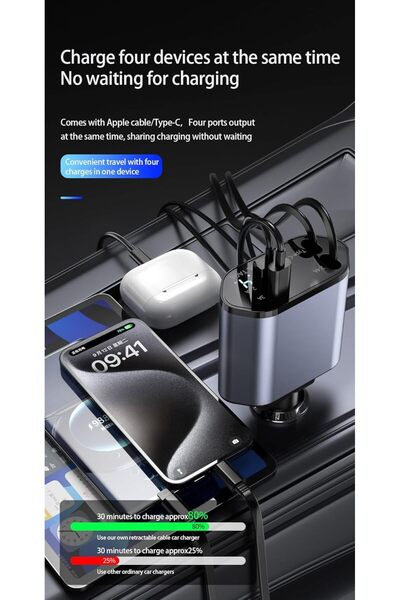 Generic 120W Retractable Ultra-Fast Car Phone Charger, Compatible with Apple iPhone and Android