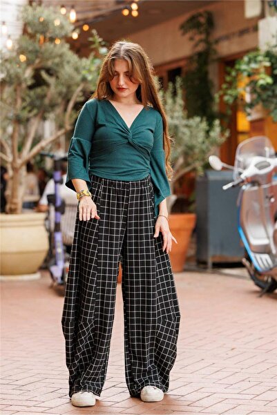 Miss Boheme Petrol Color Double-Breasted Collar Half Sleeve Winter Blouse