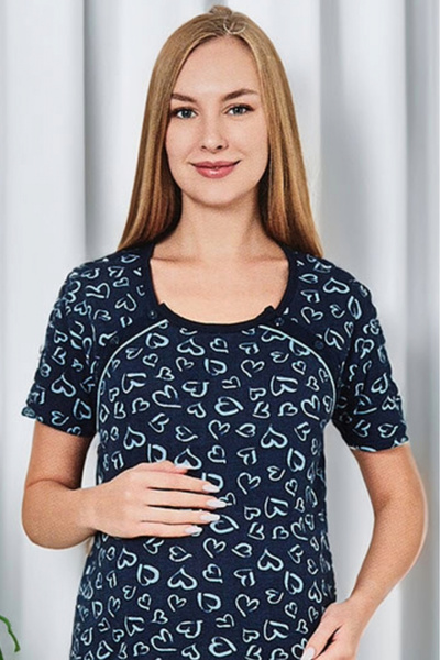 embody Maternity nightdress, opening for breastfeeding, cotton, hearts print, navy blue