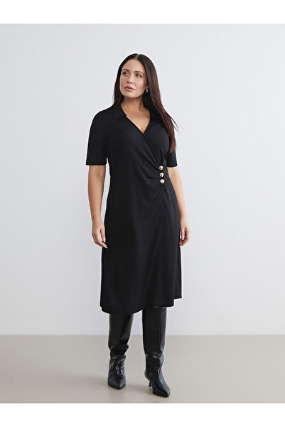 LC Waikiki Black Shirt Collar Gathered Dress