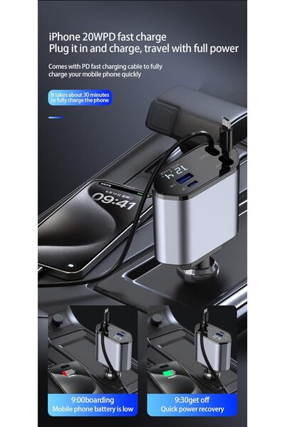 Generic 120W Retractable Ultra-Fast Car Phone Charger, Compatible with Apple iPhone and Android