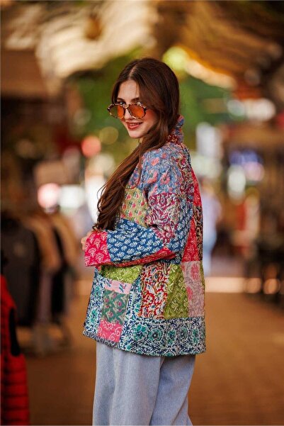 Miss Boheme Yeşil Renk Cep Ve Düğme Detaylı Patchwork Bohem Ceket