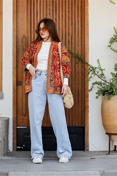 Miss Boheme Kahverengi Cep Detaylı Desenli Kemerli Patchwork Bohem Ceket