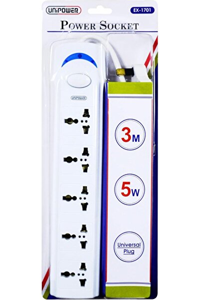 UNIPOWER EX-1701 Power Socket with 5 Way Outlets and Extension Cord, 3 Meter Length, White