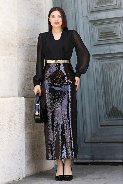 lodmela Şifon Kombinli Payetli Abiye Elbise 6048-Siyah