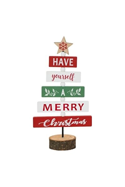 OEM Decorațiune de Crăciun din lemn - Brad cu scânduri, bază butuc și stea, 26 cm