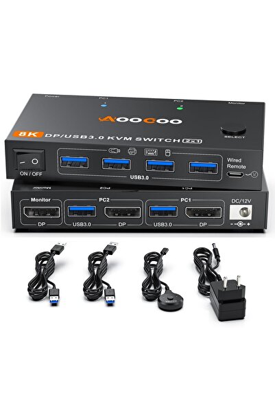 Bonnie DisplayPort 1.4 KVM Switch - 2 Computers to 1 Monitor with USB 3.0