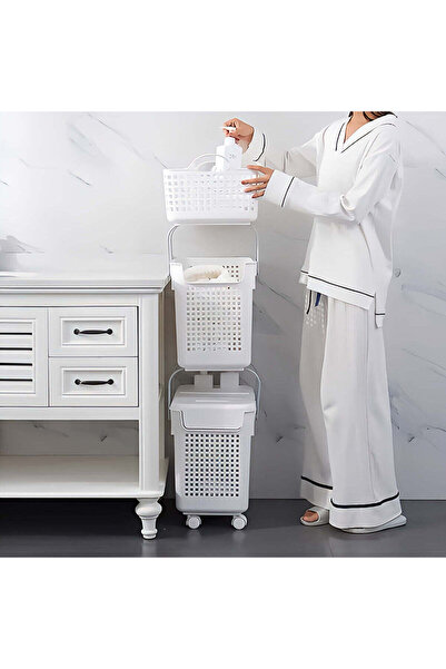 cc bin shihon Portable Bathroom and Laundry Storage and Organization Basket (3 Levels) with Easy-Move Wheels