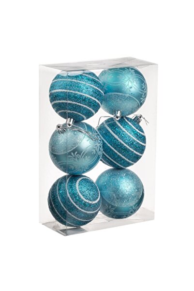 OEM Set of turquoise Christmas baubles with glitter patterns Ø8cm - 6 pcs