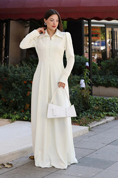 lodmela Shirt Collar Lace Embroidered and Covered Belt Evening Dress 2764-Ecru