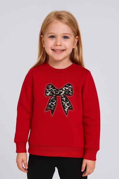 NOVERAM KİDS Girl's Leopard Patterned Bow Winter Sweatshirt