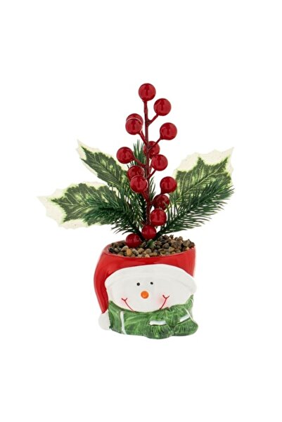 OEM Ghiveci decorativ ceramic - Om de zăpadă cu vâsc și creangă de pin Ø9x20cm