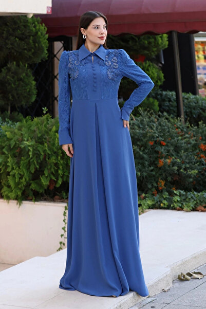 lodmela Shirt Collar Lace Embroidered and Covered Belt Evening Dress 2764-Indigo