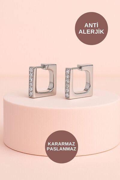 KAYOUBI Kadın Antialerjik Kararmaz Suya Dayanıklı Günlük Gece Abiye İçin Zirkon Taşlı Kare Silver Çelik Küpe