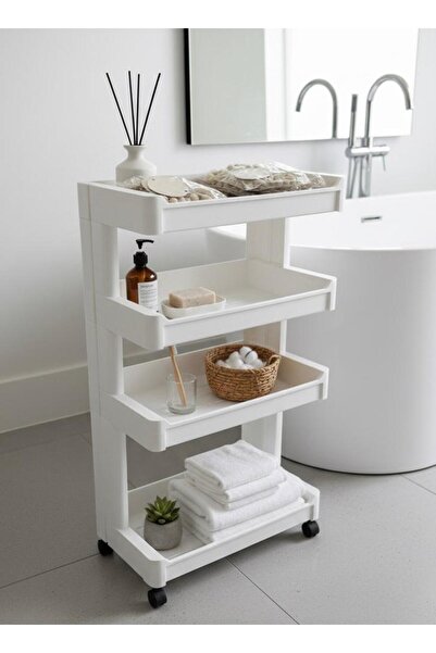 Noor Multi-purpose storage cart organizer, 4 shelves, white with black wheels, 26*45*80
